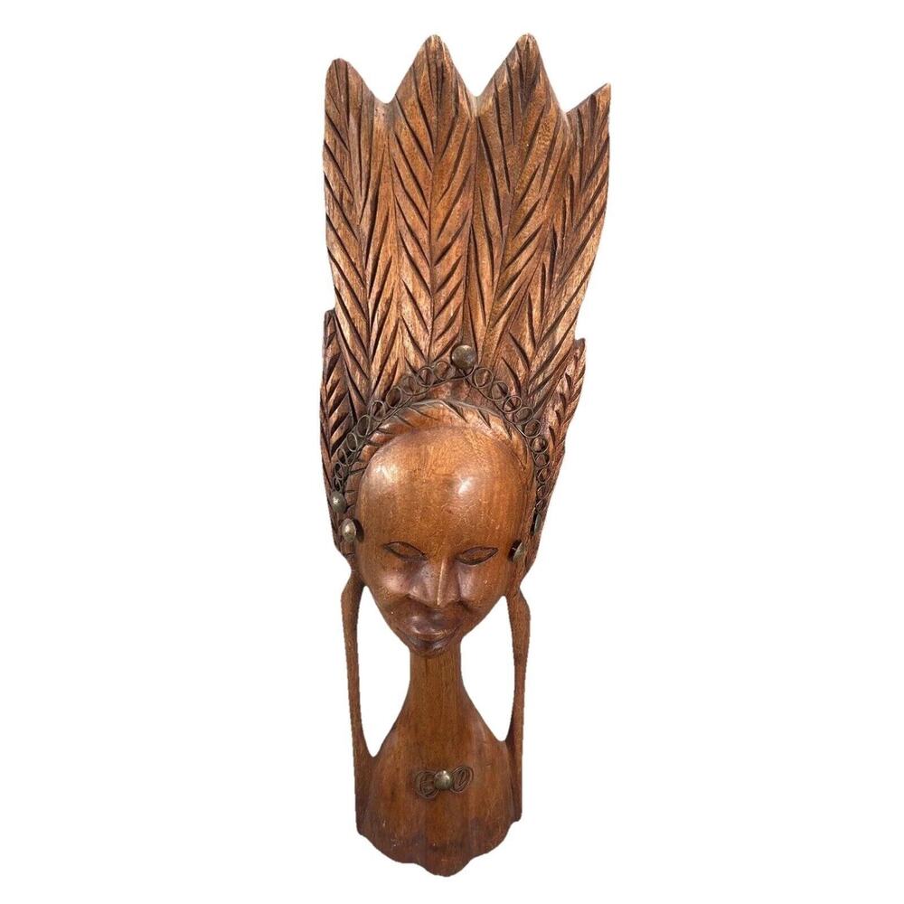 MCM VTG Afro-Caribbean Hand Carved‎ Wood Woman Head Bust Sculpture Leaf Crown